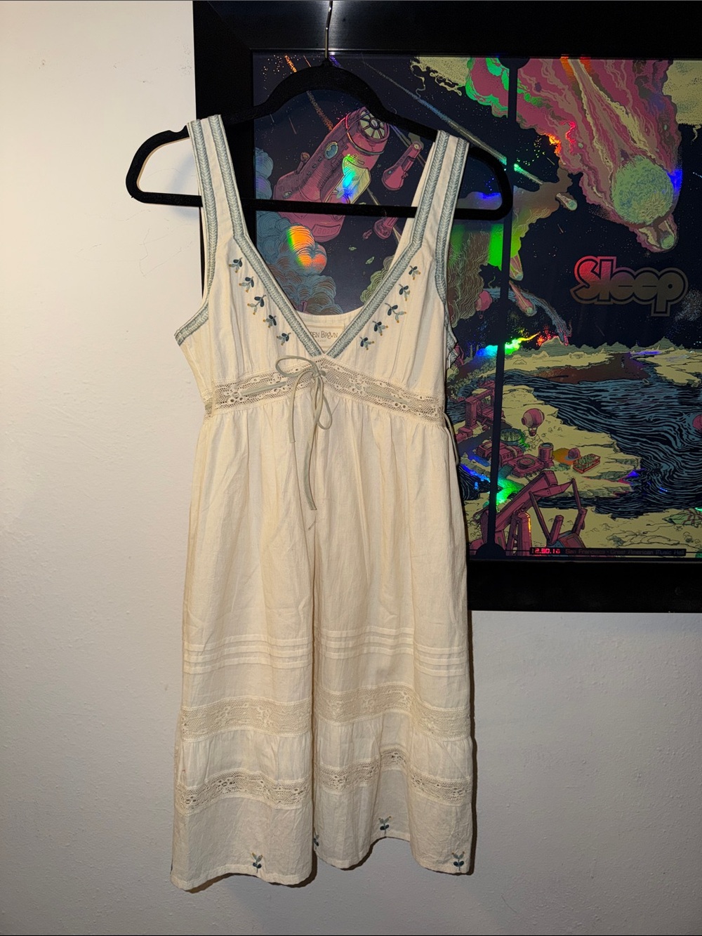 Golden Brown the label Cream Embroidered Mini Sundress with Tie Waist